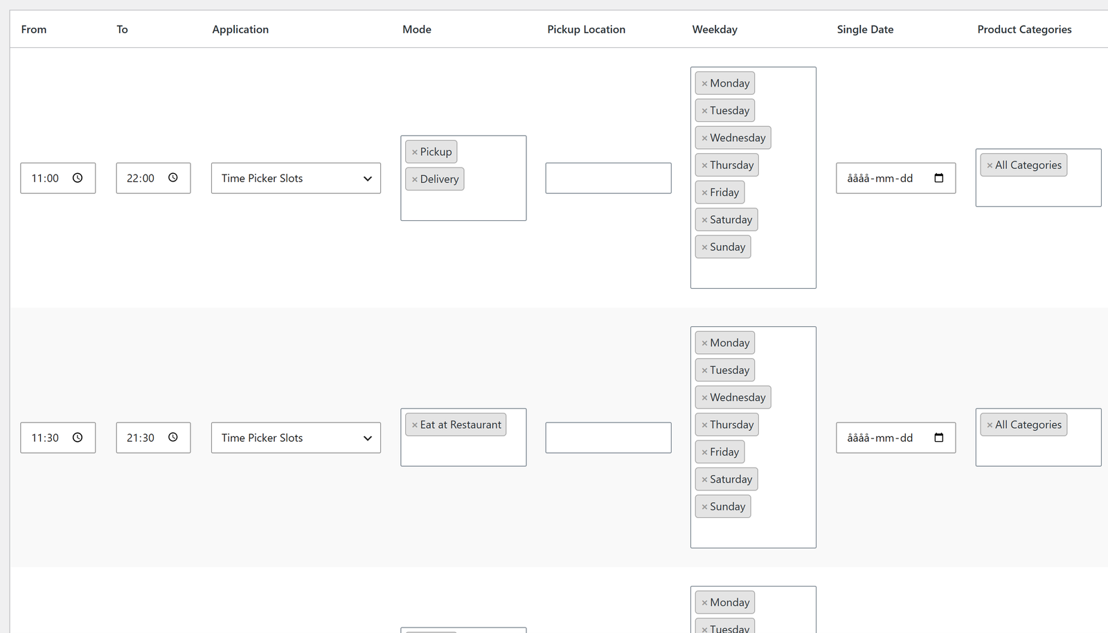 Availability Schedule rows