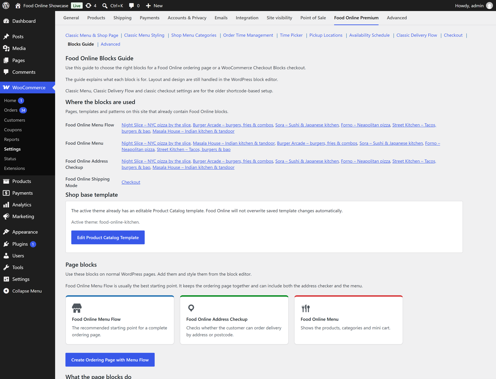 Blocks Guide in the Food Online settings
