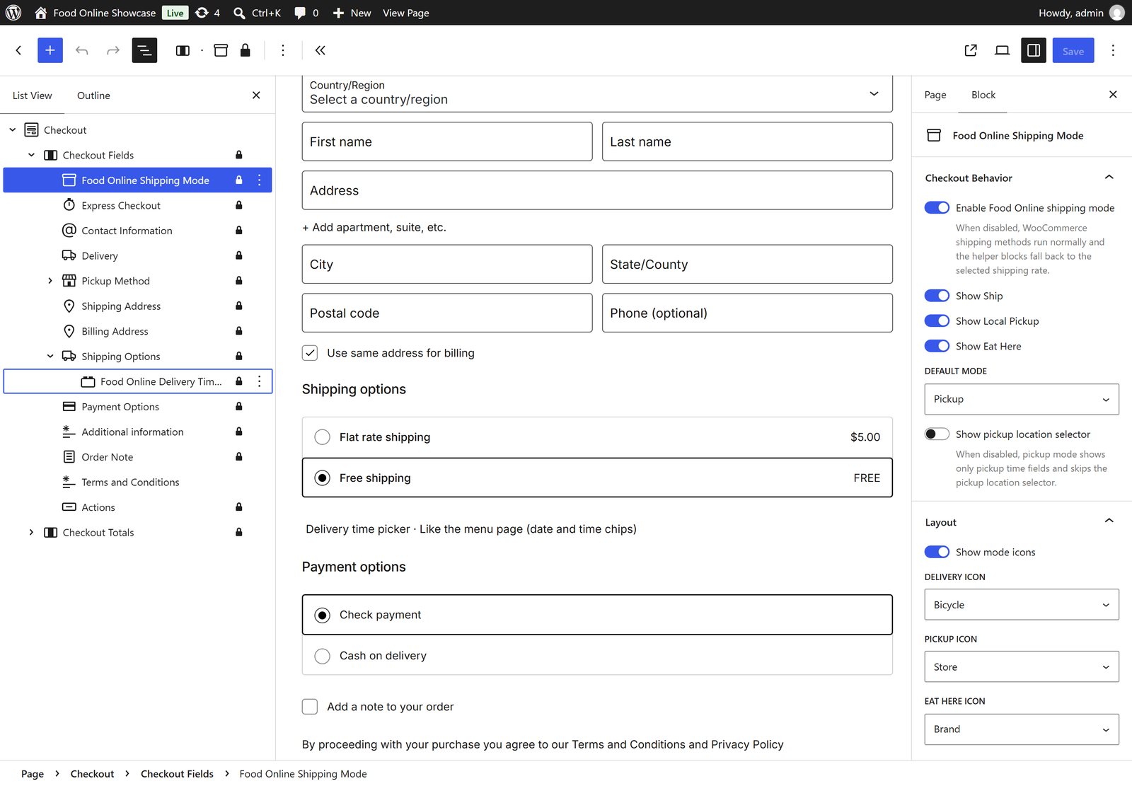Checkout block in the editor with Food Online Shipping Mode selected in the list view