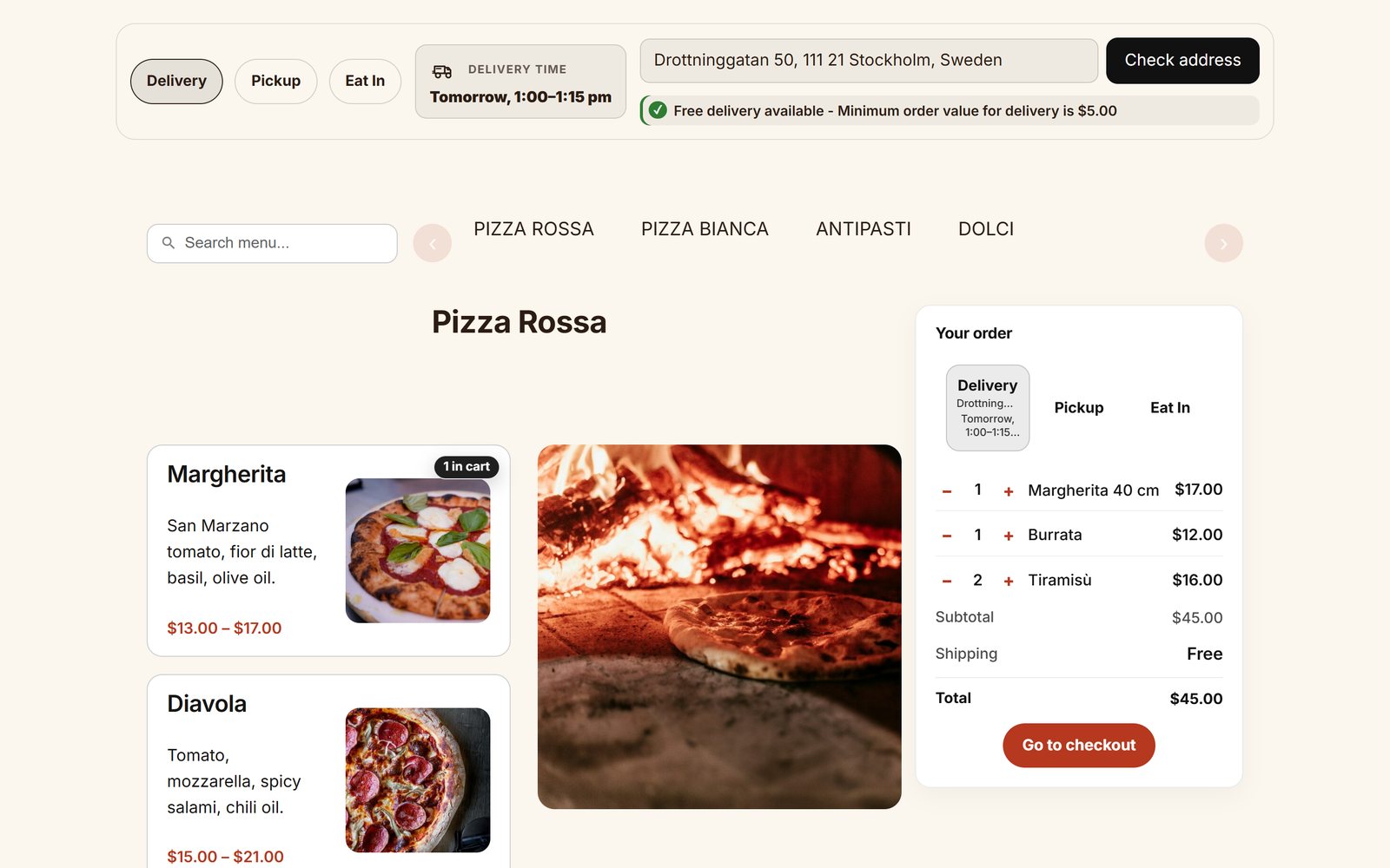 Menu Flow with delivery chosen, the address checked and a time selected