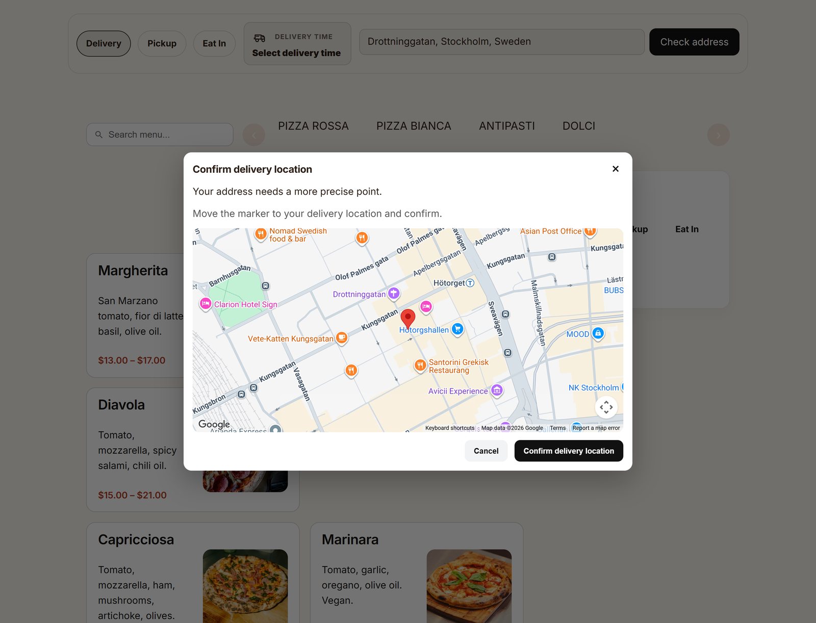 Pick the delivery location on a map