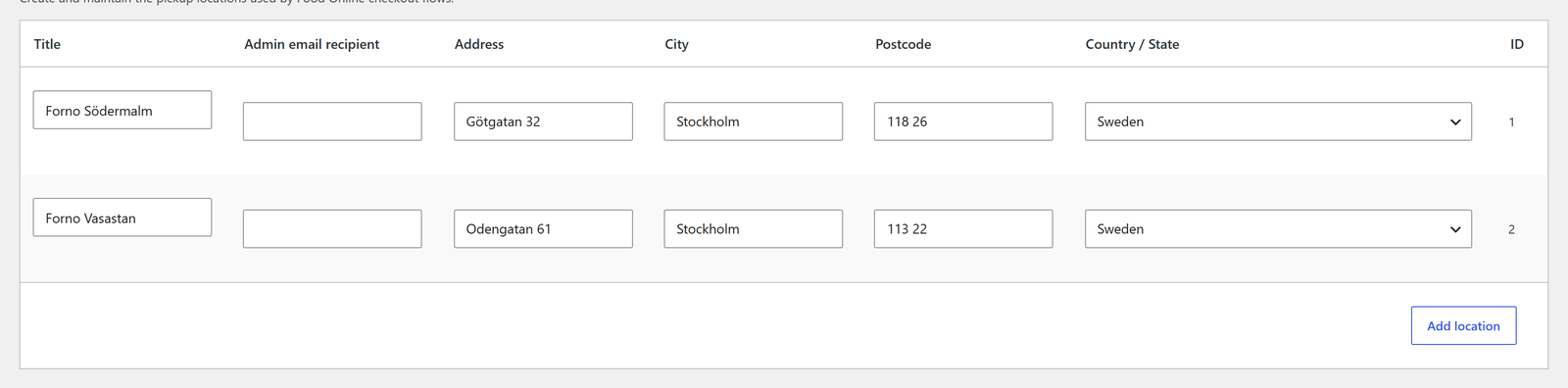 Pickup Locations settings