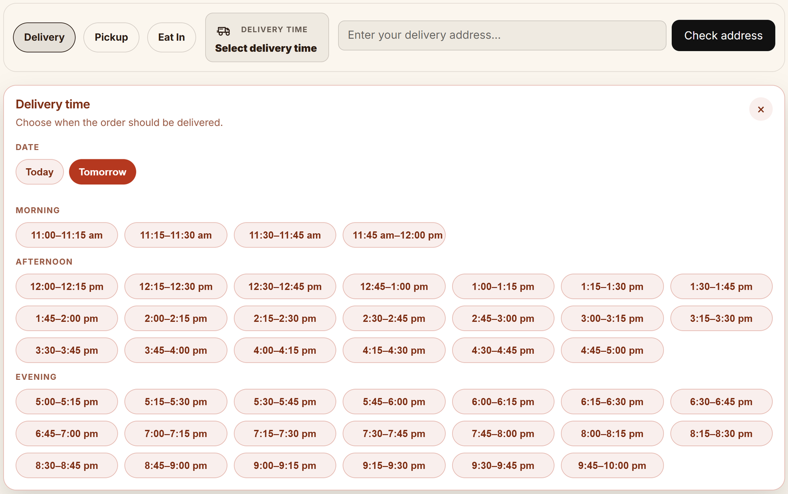 Time picker on the menu page